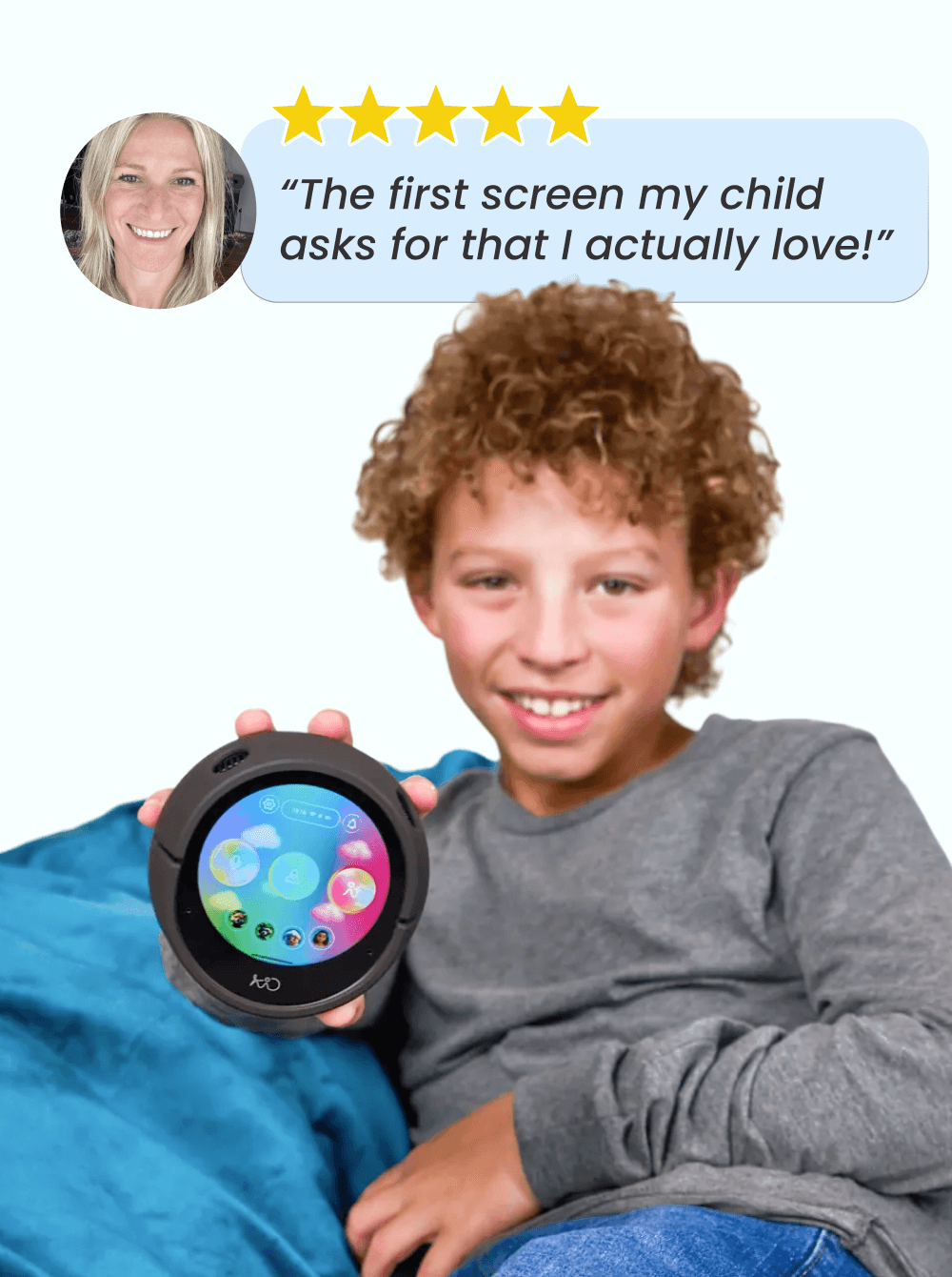 Child holding a device with a five-star rating and review text overlay