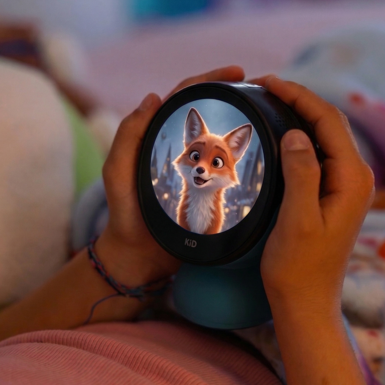Person holding a round device with a fox illustration on a blurred indoor background
