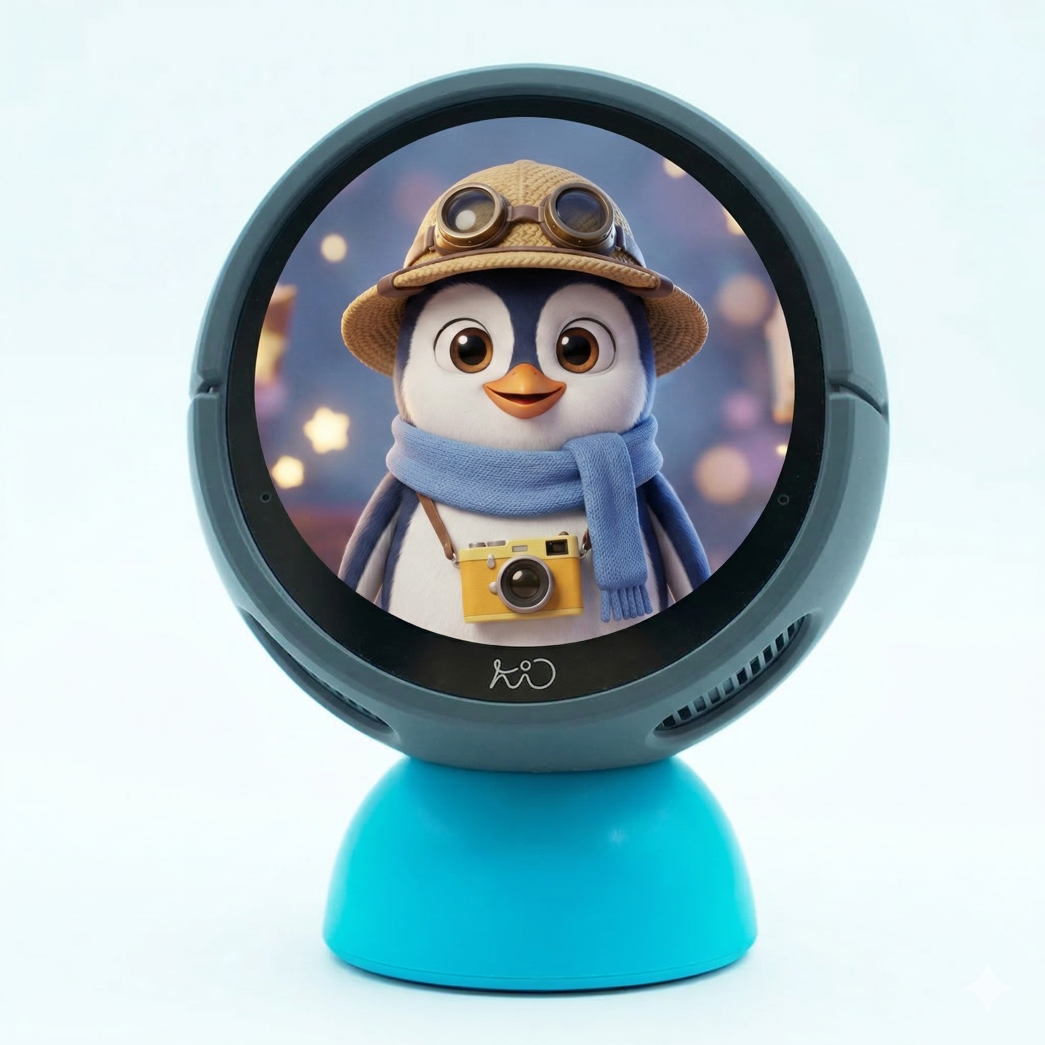 Round device with a penguin character on a blue stand against a light gray background