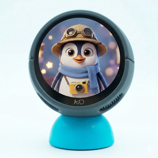Round device with a penguin character on a blue stand against a light gray background