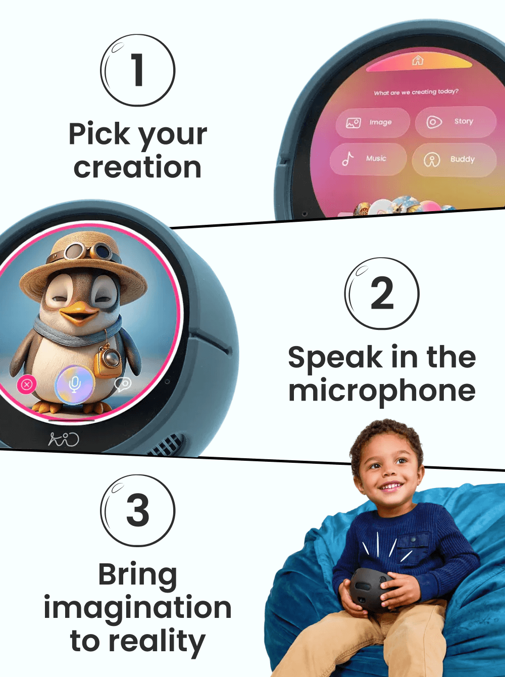 Children's toy with screen and character, accompanied by steps for use.