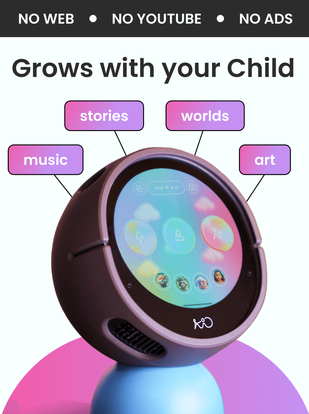 Educational device with a screen displaying colorful graphics, labeled 'stories', 'worlds', 'music', and 'art'.