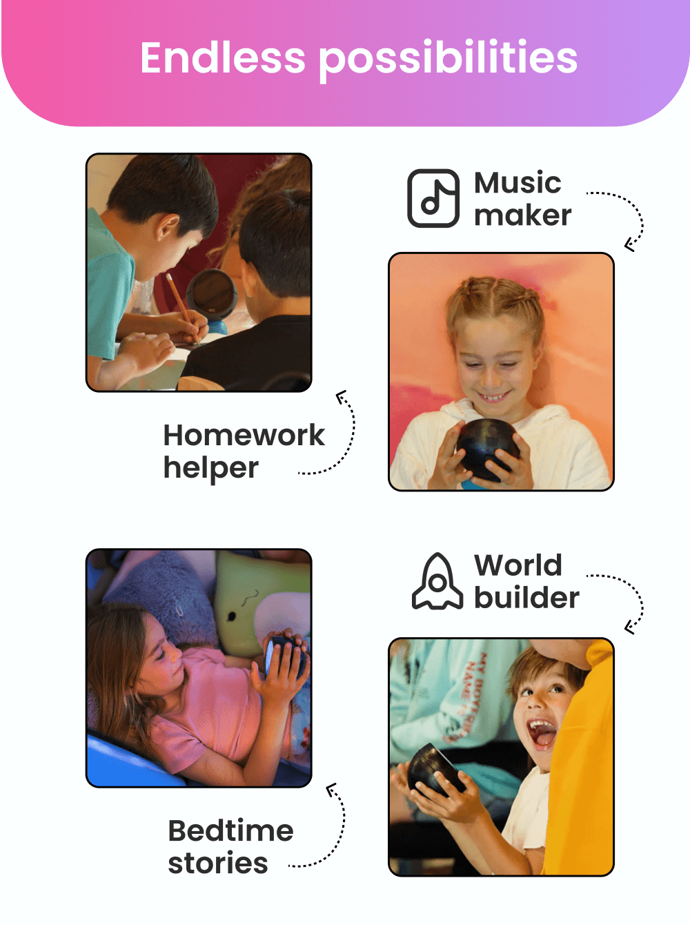 Children using a device with text 'Endless possibilities' and icons for music maker, homework helper, world builder, and bedtime stories.