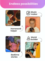 Children using a device with text 'Endless possibilities' and icons for music maker, homework helper, world builder, and bedtime stories.